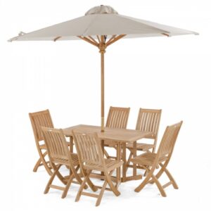 Teak wood garden dining set with six folding chairs and a large umbrella, crafted in Jepara for outdoor use