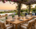 Premium solid teak wood outdoor dining table and chairs for a luxury patio garden space with ocean view.