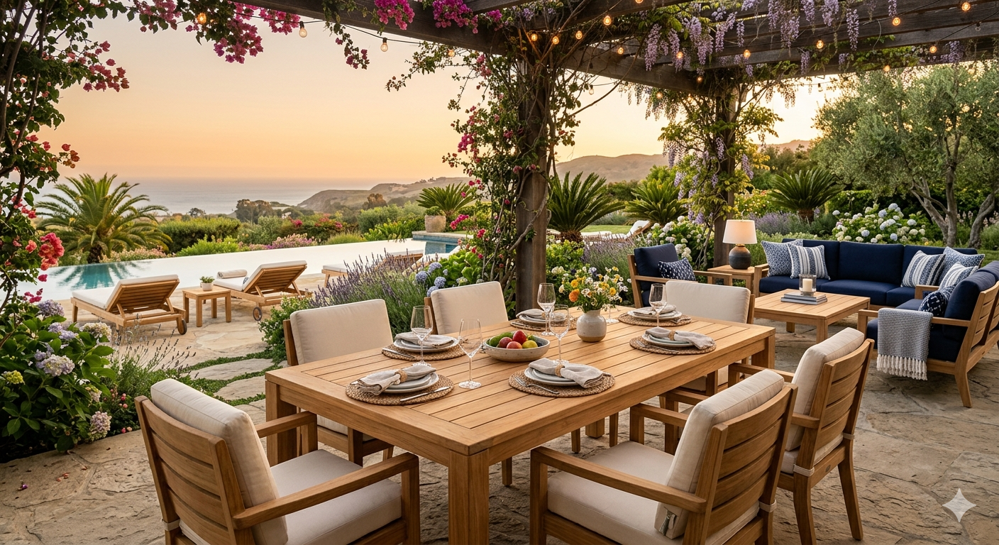 Premium solid teak wood outdoor dining table and chairs for a luxury patio garden space with ocean view.