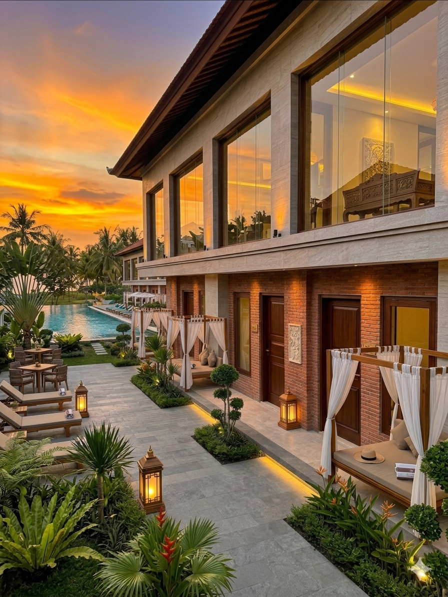 Custom luxury teak pergola and resort villa doors manufactured by Ikiteak, a premier hotel furniture supplier for resort projects in the Maldives.