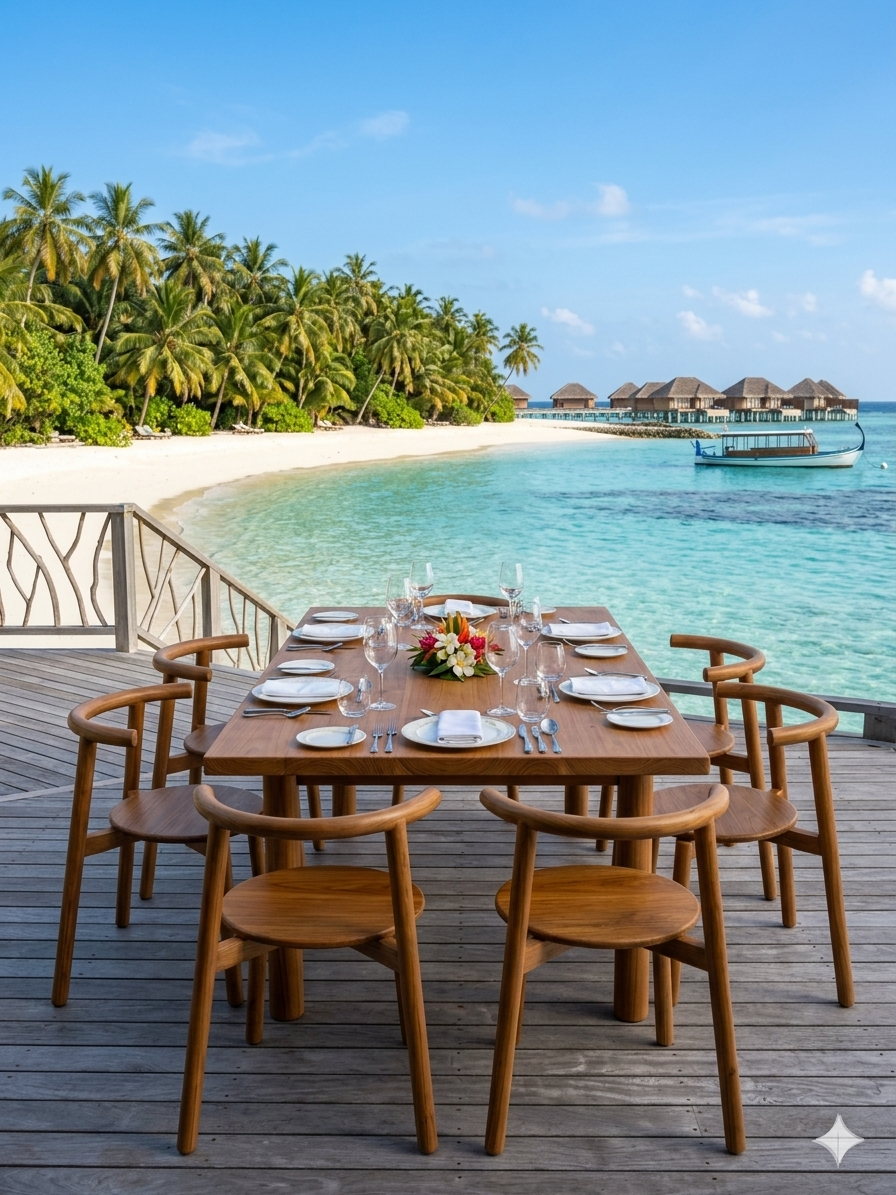 Premium commercial teak furniture manufacturer project for luxury resort dining set.