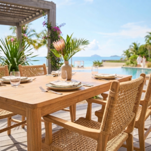 Commercial hotel furniture suppliers outdoor teak and rope dining set terrace