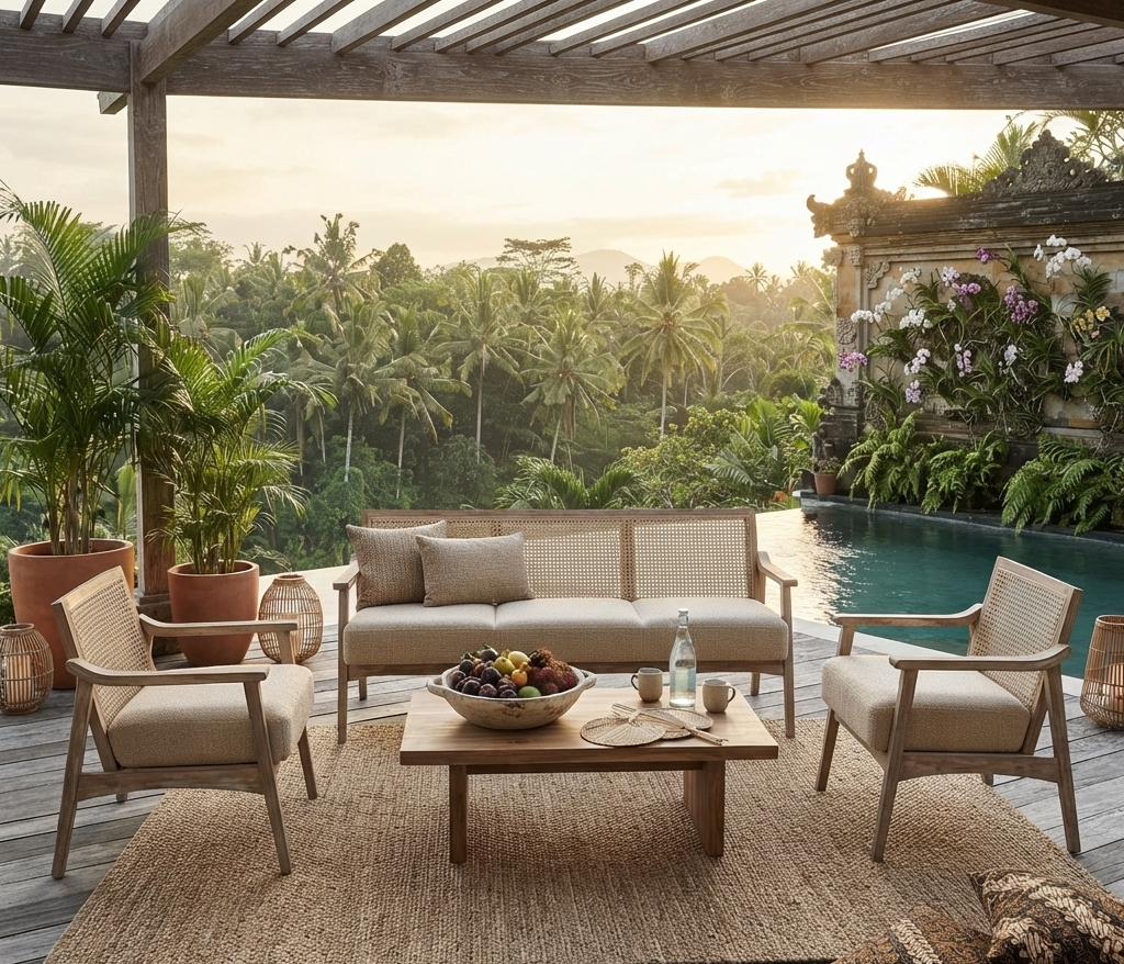 Luxury Outdoor Furniture for tropical villa terrace with premium teak sofa and outdoor lounge design