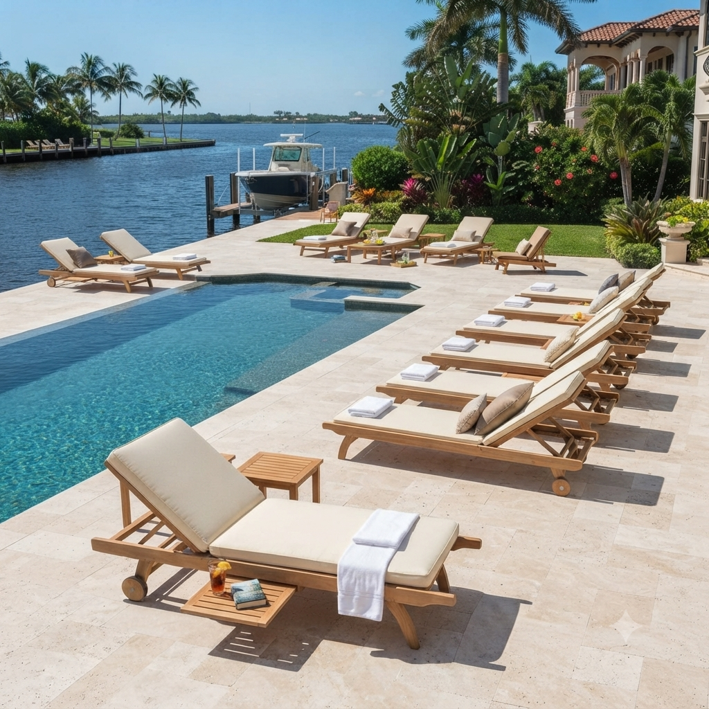 Commercial teak sun loungers set for a luxury hotel pool deck project from Indonesia furniture manufacturer.