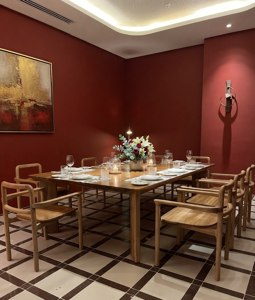 Custom solid teak dining set with a long table and eight armchairs in Super Kimchi private dining room in Johor Bahru, Malaysia.