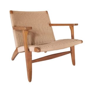 Woven teak lounge chair with rattan rope back, handcrafted by an Indonesia furniture manufacturer exporter
