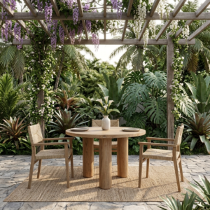A single set of round teak outdoor dining table on a rug showcasing modern hospitality furniture design.
