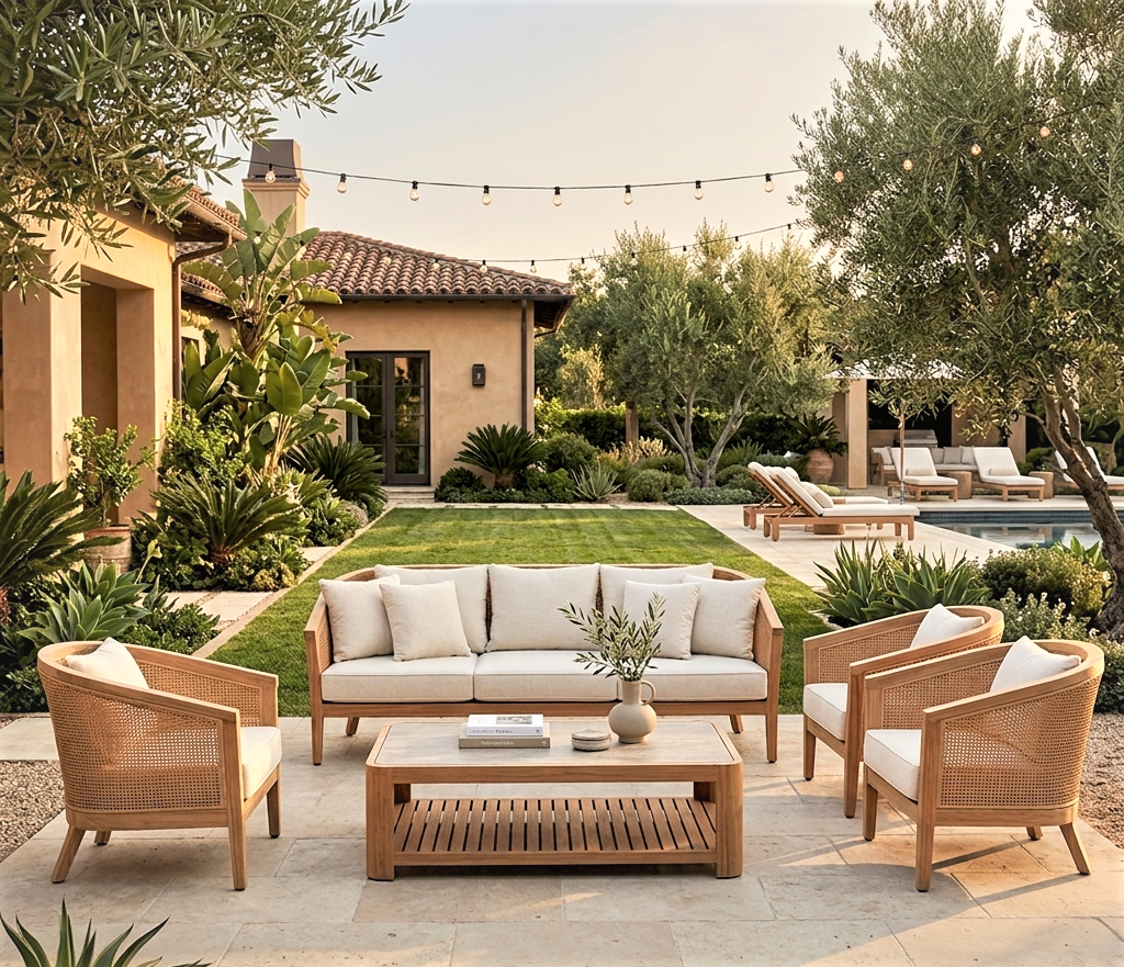 Commercial hotel furniture featuring premium rattan and teak outdoor lounge sofa set for US luxury resorts