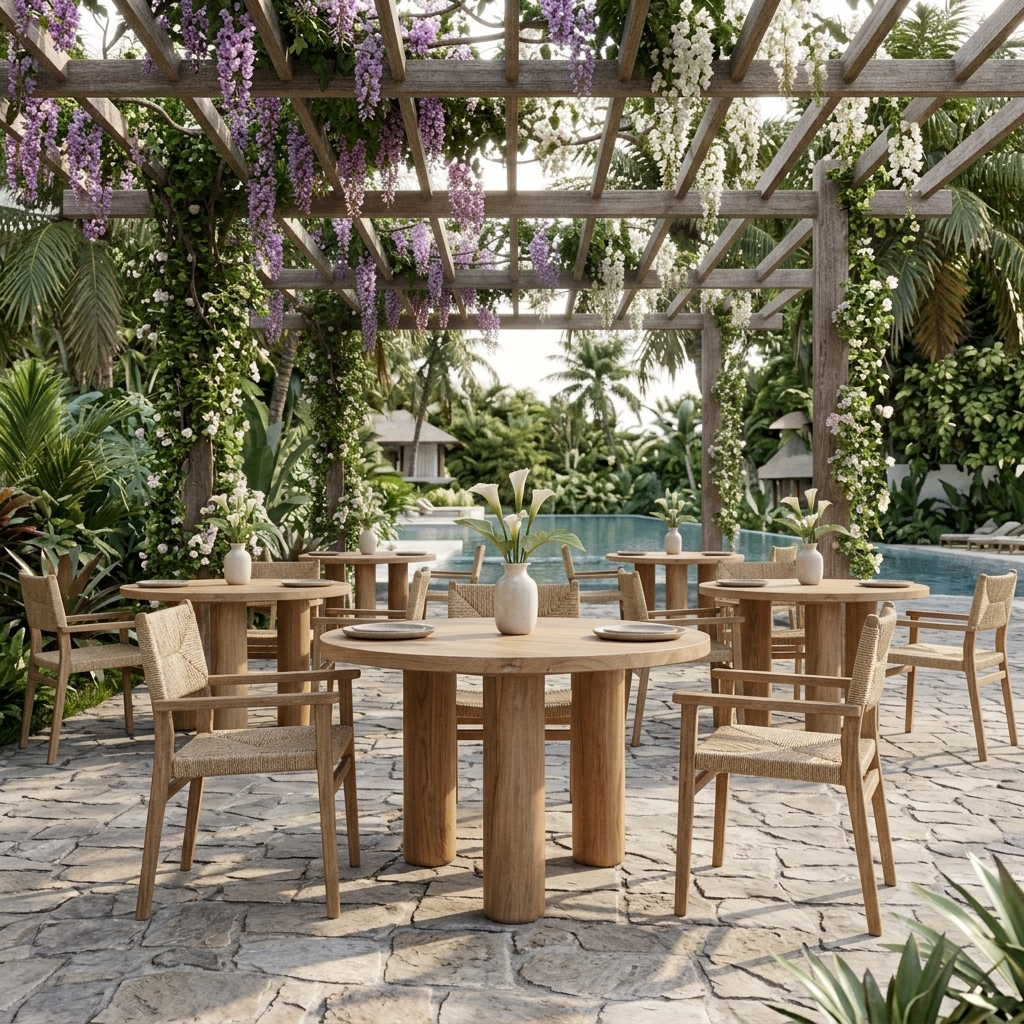 Hospitality furniture sets featuring round teak tables and woven chairs at a luxury resort poolside by ikiteak.