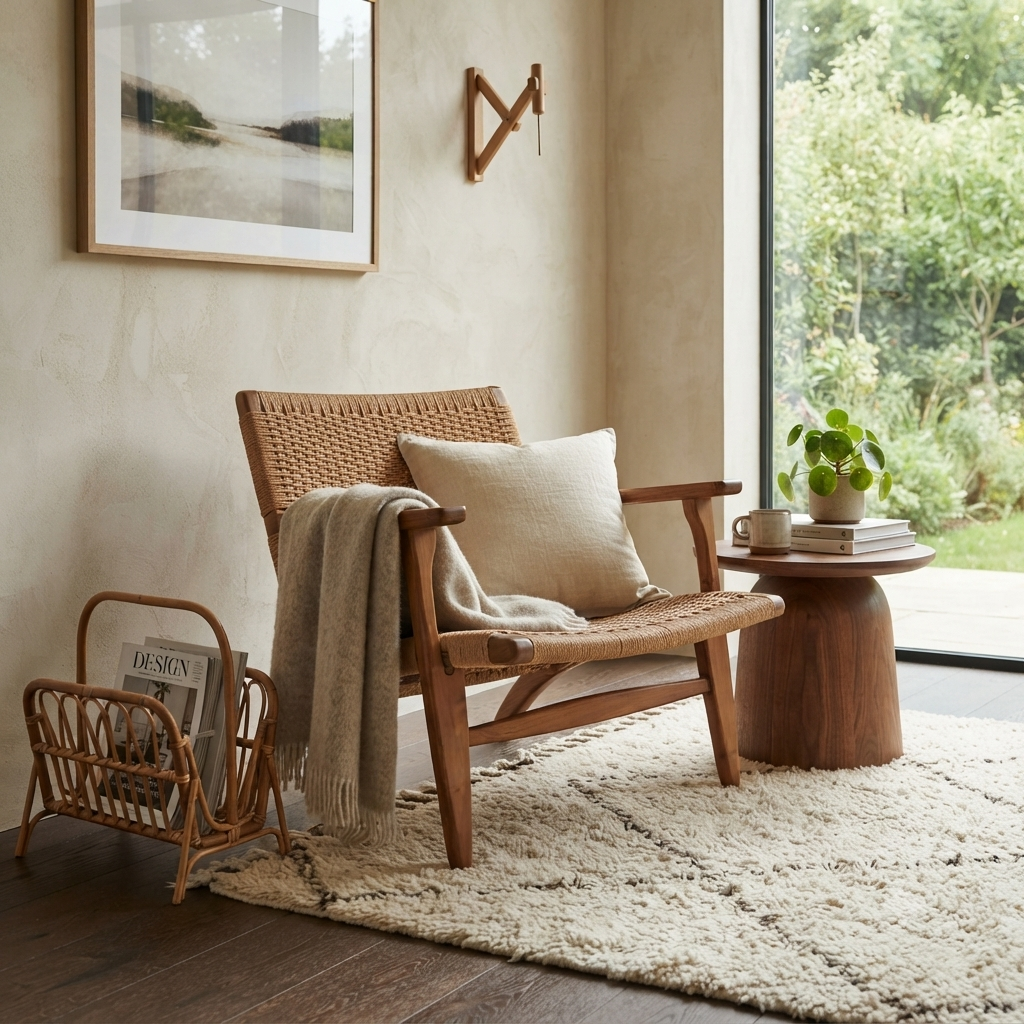 Woven teak lounge chair with rattan wicker back, handcrafted by an Indonesia furniture manufacturer exporter for hospitality and villa interiors