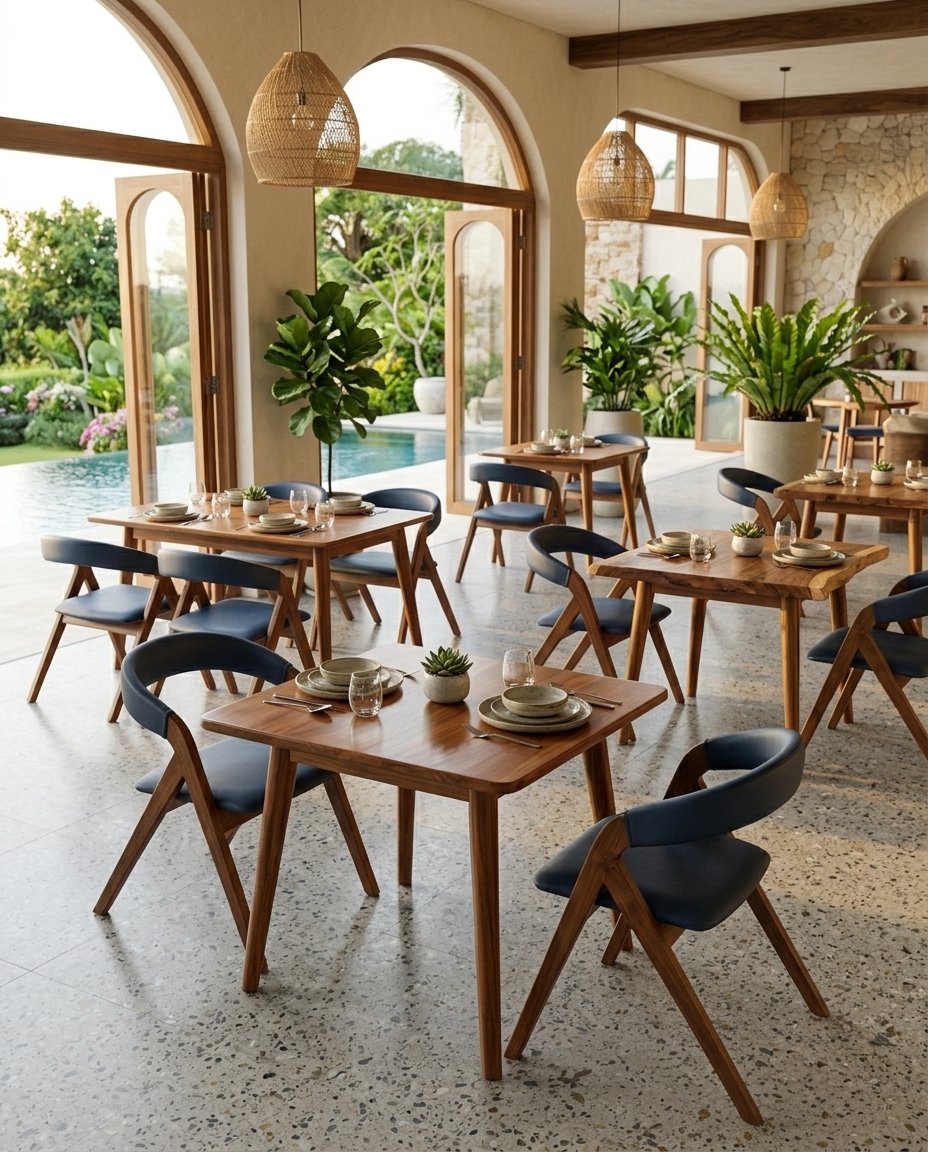 Solid teak restaurant furniture in a tropical dining interior