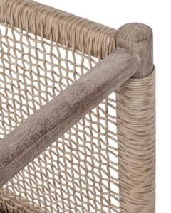 Rustic teak lounge chair with weathered-look wood frame and woven backrest