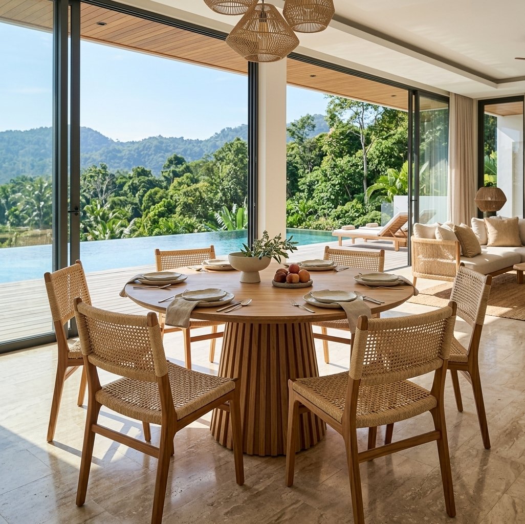 Teak dining furniture for luxury hotel and villa hospitality projects
